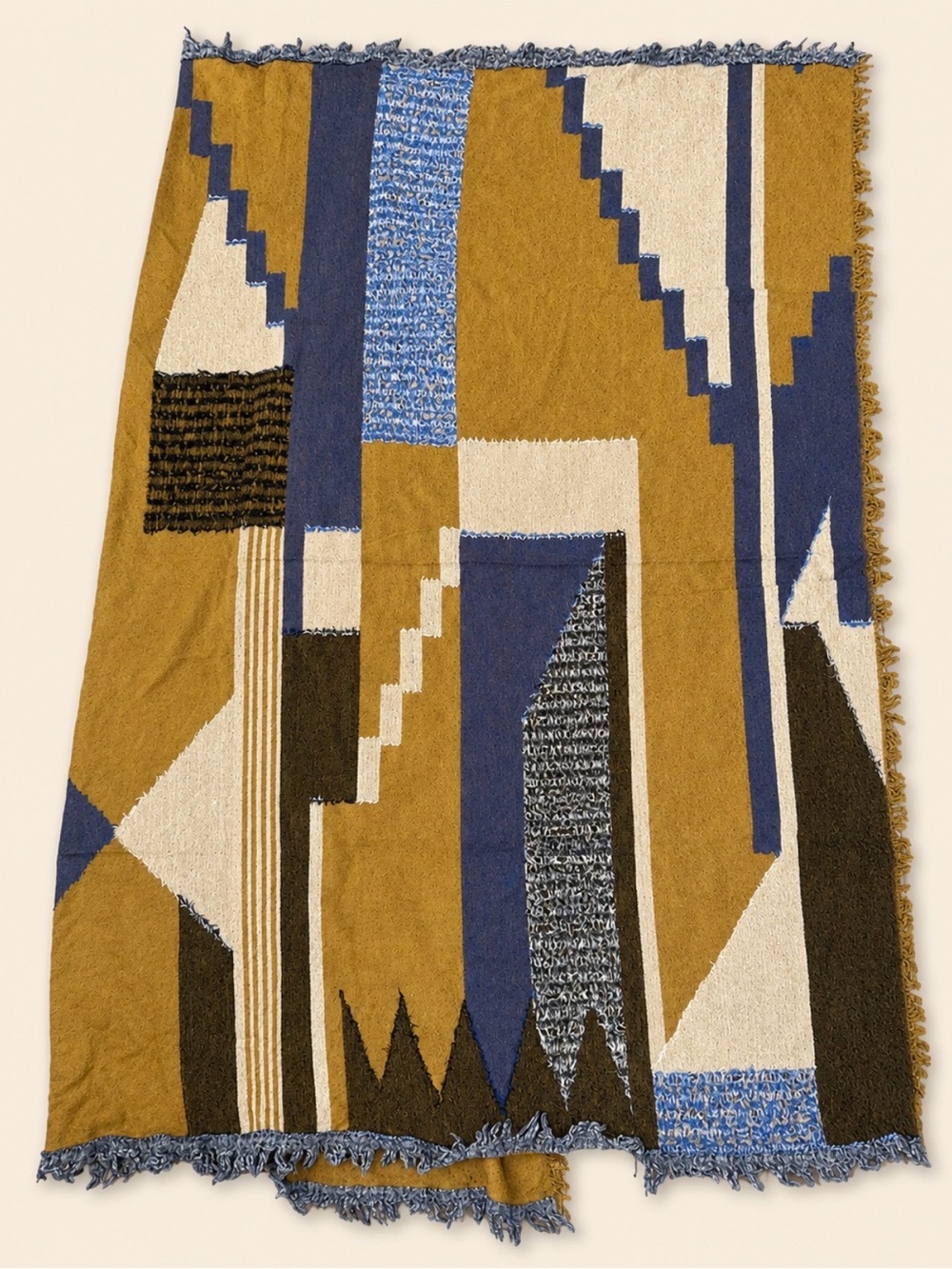 Wilfred Mustard Indigo Blue Cream Geometric Throw Blanket/ 100% Wool